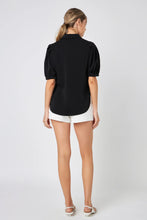 Load image into Gallery viewer, Black Satin Short Sleeve Blouse with Accent Buttons
