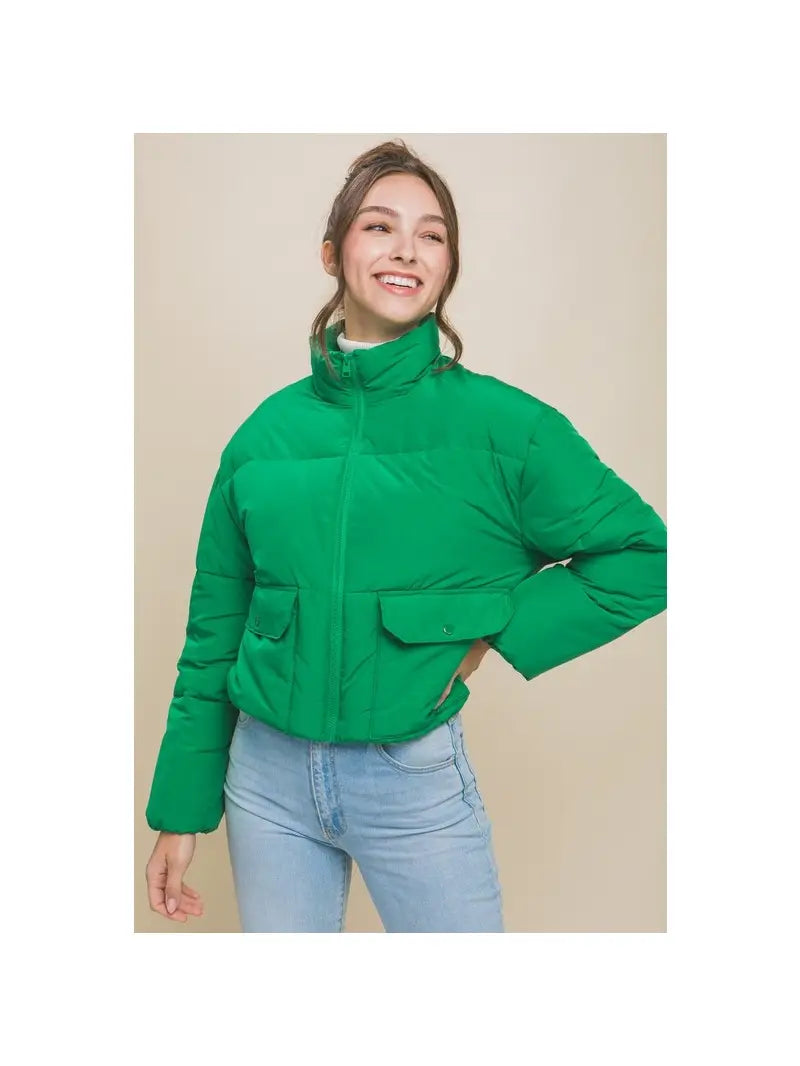 Green Flap Pocket Puffer Coat