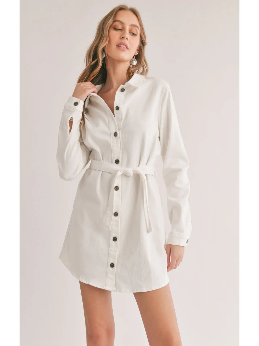 White Denim Long Sleeve Button Front Dress with belt