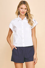 Load image into Gallery viewer, Poplin pleat detail  Short Sleeve Button Front Shirt-available in white and blue
