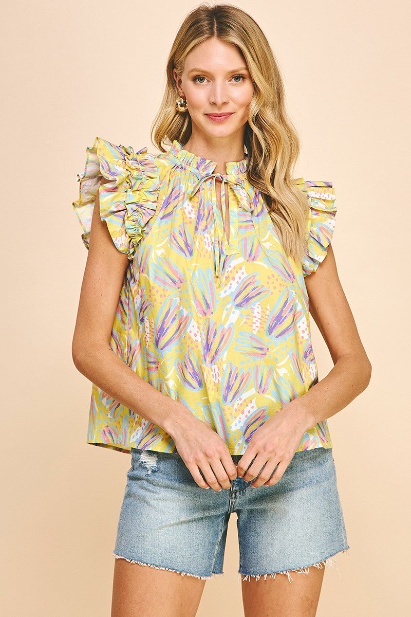 Yellow Print Ruffle Shoulder Blouse