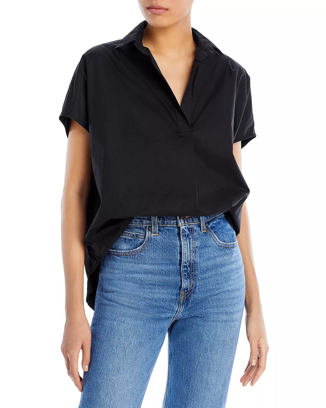 Short Sleeve Poplin Pullover Blouse with collar and high low hem-available in red and black
