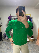 Load image into Gallery viewer, Kelly Green Puff Sleeve Sweatshirt with Rhinestones
