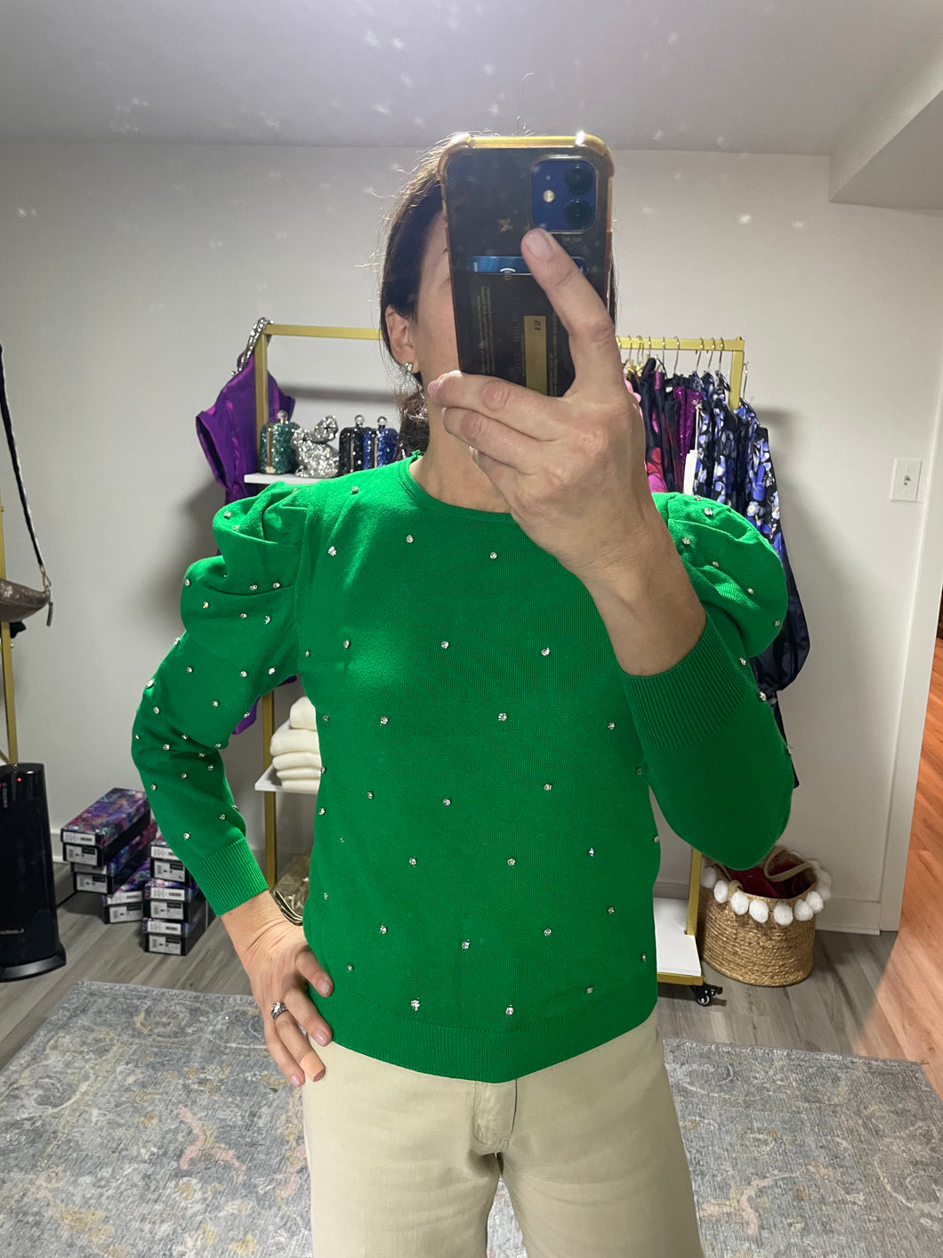Kelly Green Puff Sleeve Sweatshirt with Rhinestones