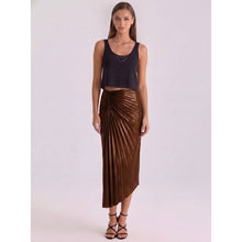 Load image into Gallery viewer, BLACK FAUX LEATHER ASYMMETRICAL HEM STARBURST PLEATING MIDI SKIRT
