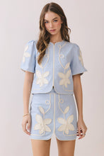 Load image into Gallery viewer, Appliqué Floral Short Puff Sleeve Structured Top (matching skirt available)

