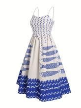 Load image into Gallery viewer, Sardine print smocked sundress seaside ocean strap dress
