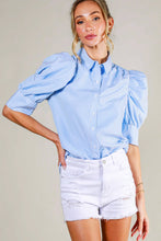 Load image into Gallery viewer, Collared Neck Short Puff Sleeve Striped Blouse VT81707
