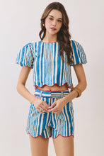 Load image into Gallery viewer, Stripe Scalloped Puff Sleeve Crop Top
