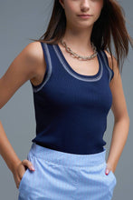 Load image into Gallery viewer, Navy Sleeveless Knit Top with Metallic Trim
