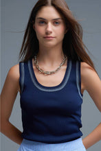 Load image into Gallery viewer, Navy Sleeveless Knit Top with Metallic Trim
