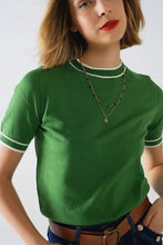 Load image into Gallery viewer, Green short sleeve sweater with white line detail
