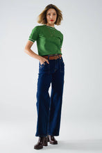 Load image into Gallery viewer, Green short sleeve sweater with white line detail
