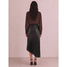 Load image into Gallery viewer, BLACK FAUX LEATHER ASYMMETRICAL HEM STARBURST PLEATING MIDI SKIRT
