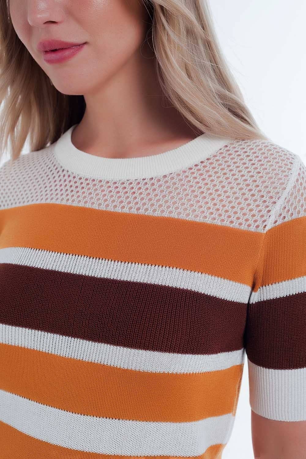 Rust and brown striped open knit sweater