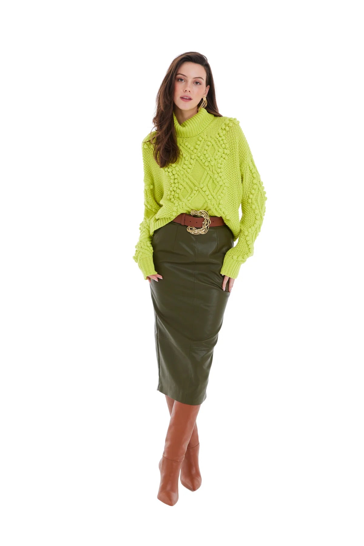 Olive green vegan leather midi skirt TRIO