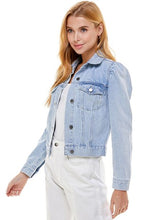 Load image into Gallery viewer, Fitted Crop Light Wash Denim Jacket with Puff Sleeves
