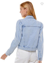 Load image into Gallery viewer, Fitted Crop Light Wash Denim Jacket with Puff Sleeves
