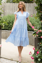 Load image into Gallery viewer, Tiered Blue Stripe Flutter Sleeve Midi Dress
