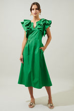 Load image into Gallery viewer, Emerald Green Ruffle Sleeve Tie Back Midi Dress
