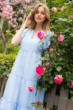Load image into Gallery viewer, Tiered Blue Stripe Flutter Sleeve Midi Dress
