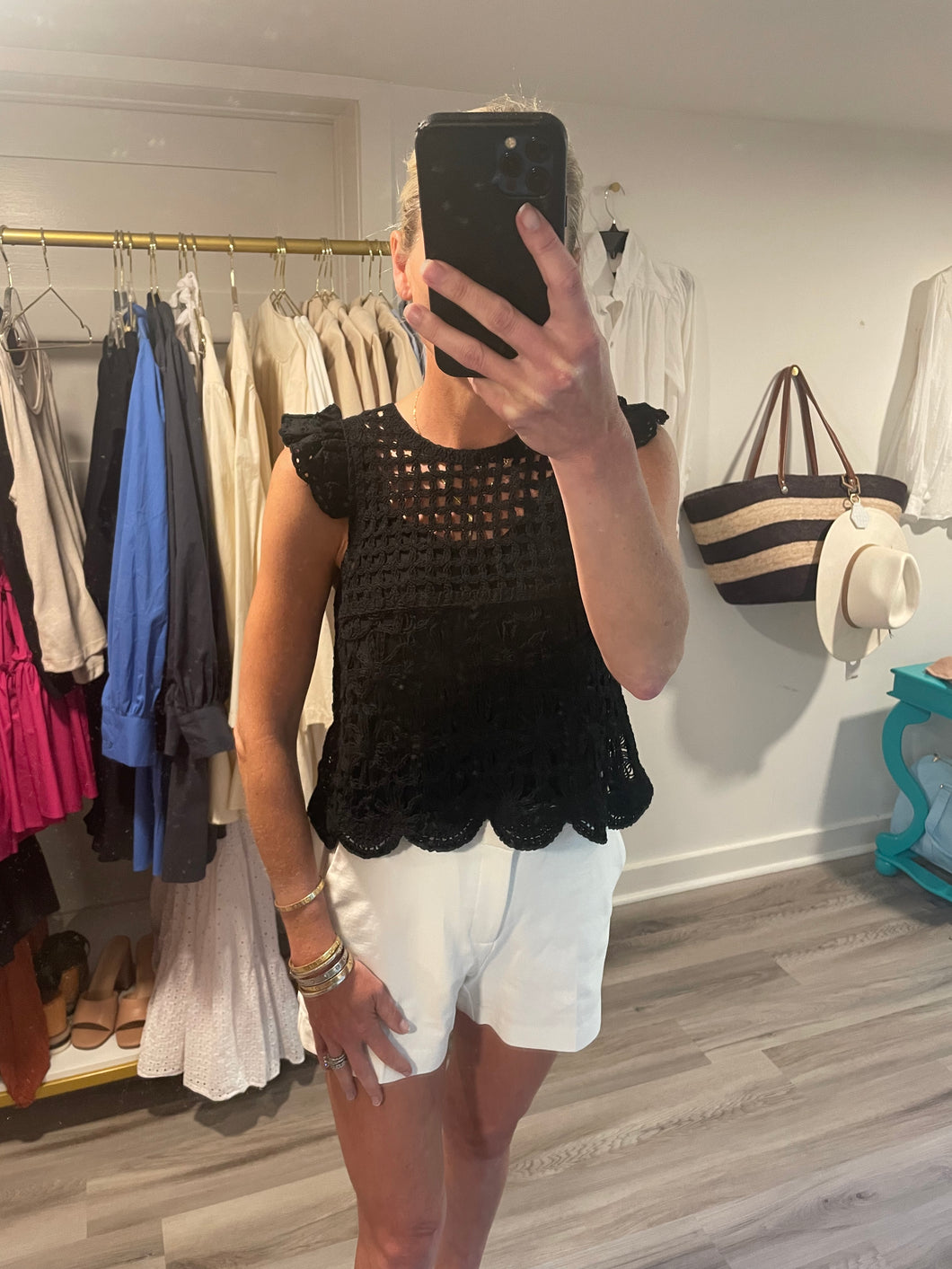 Black Crochet Flutter Sleeve Top