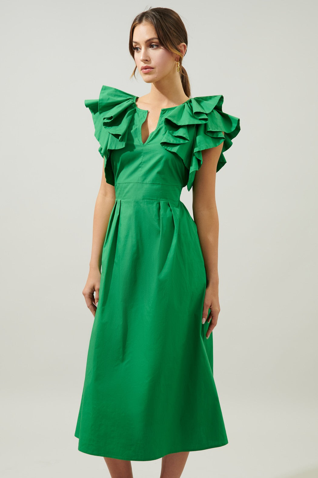 Emerald Green Ruffle Sleeve Tie Back Midi Dress