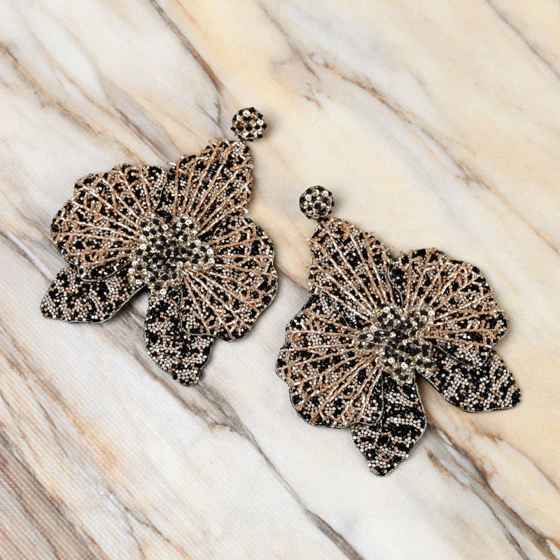 Beaded Orchid Earrings-Black/Gold or Rose/Gold