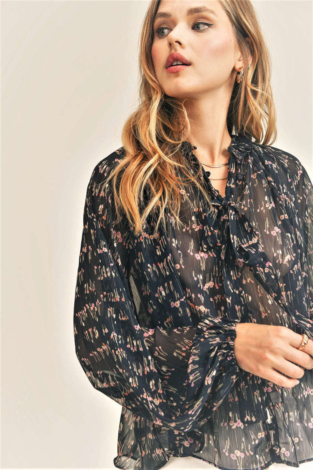 Navy Floral Long Sleeve Blouse