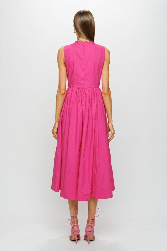 Hot Pink Midi Dress with Tie Front Detail TRIO Hot Pink Midi Dress with Tie Front Detail TRIO
