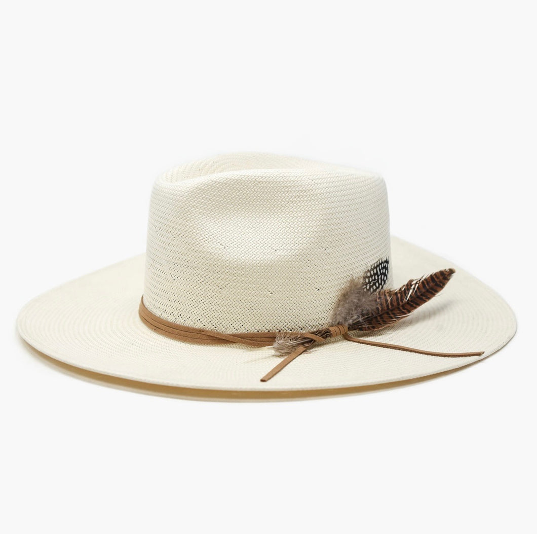 Cream Woven Straw Hat with Feather at Brim