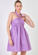 Load image into Gallery viewer, Ruched Lilac Halter Neck Dress
