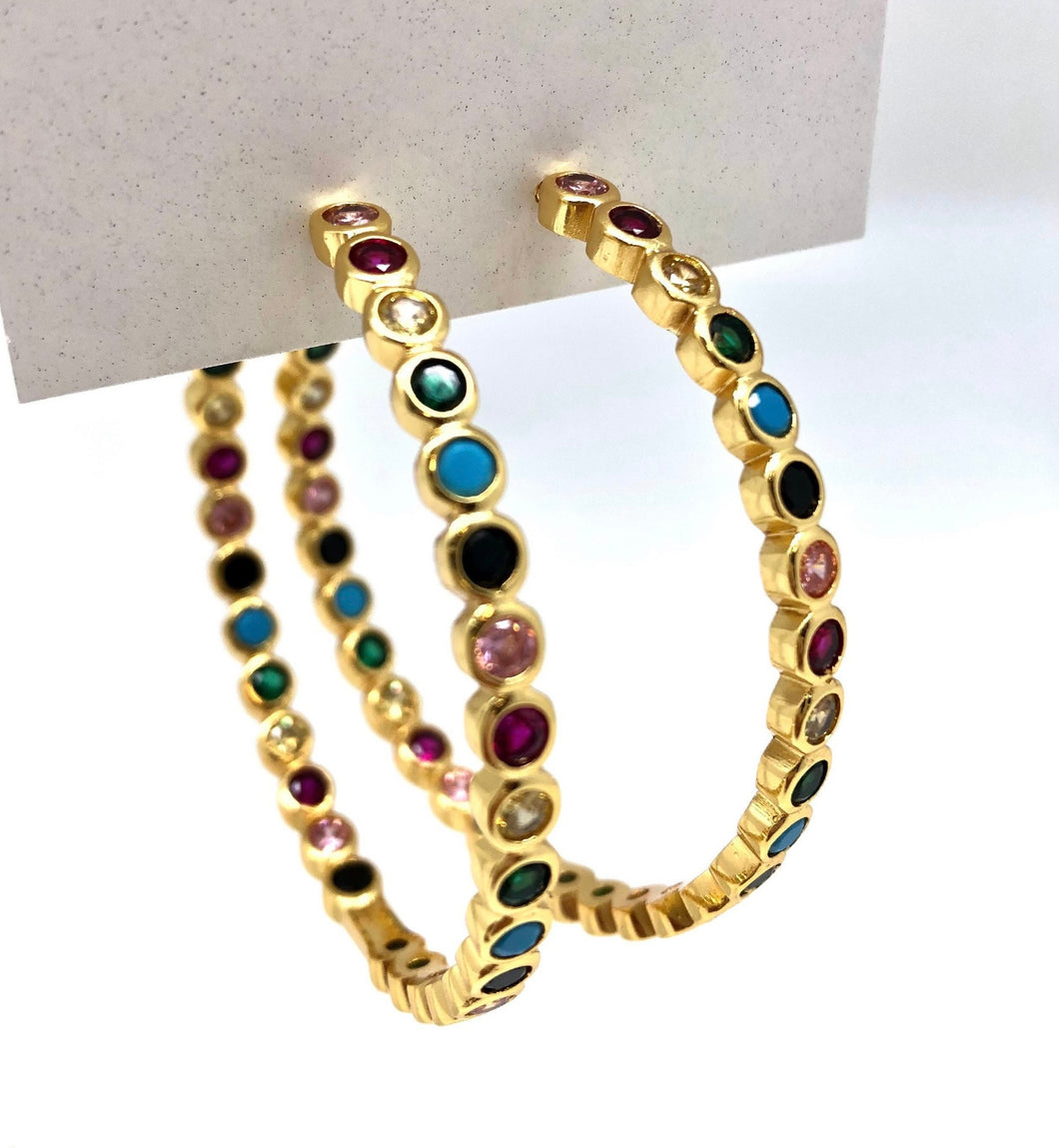 Gold Hoop Colorful Gem Earrings