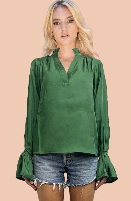 Green Satin Ruffle Sleeve Blouse