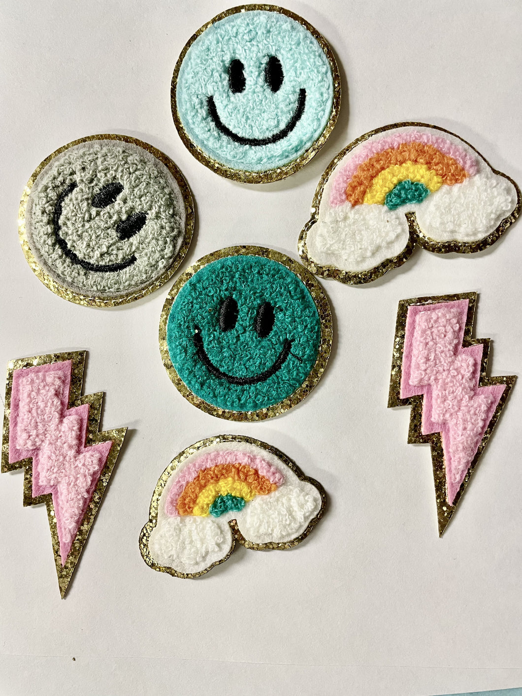 Rainbow, lighting bolt and smiley face Chenille Patches for Bags