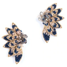 Load image into Gallery viewer, Navy Beaded Feather Post Earrings
