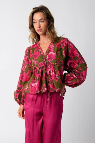 Fuchsia and olive floral print flowy top