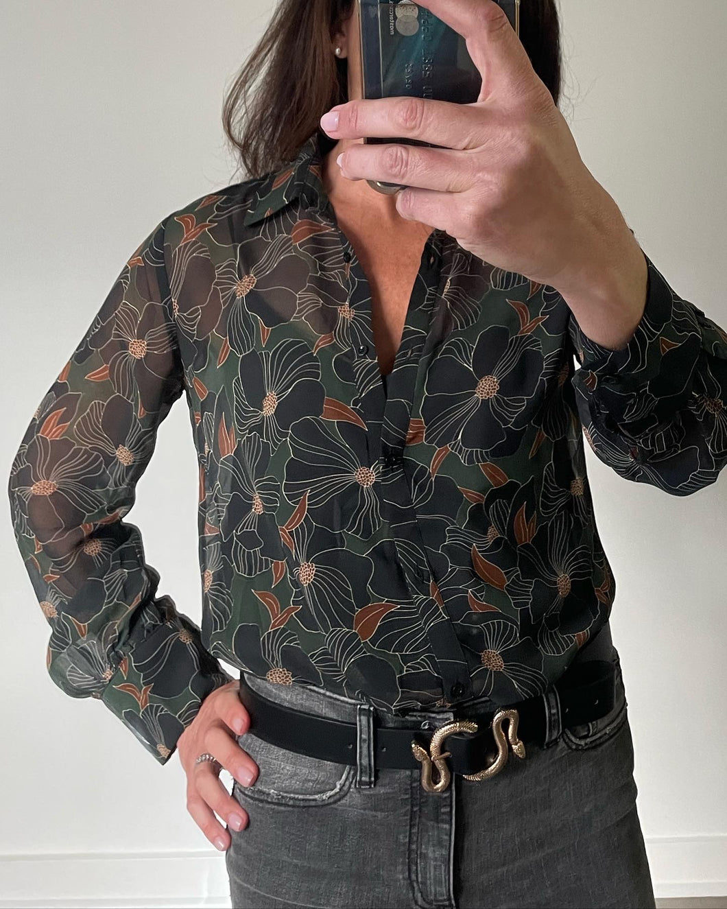 Sheer Floral Button Front Blouse