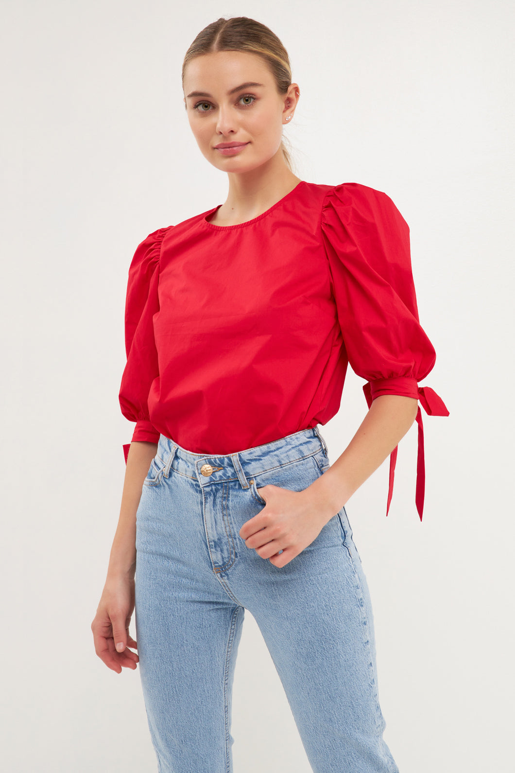 Red puff bow blouse