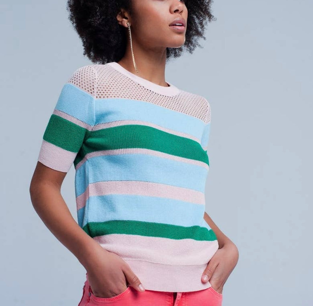 Green and Blue Striped Short Sleeve Sweater