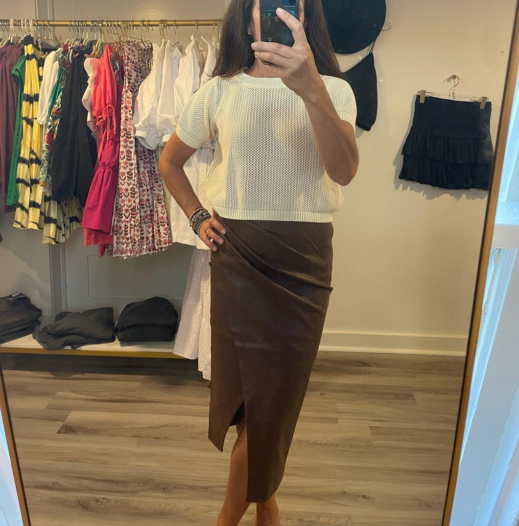 Brown Faux Leather Midi Skirt