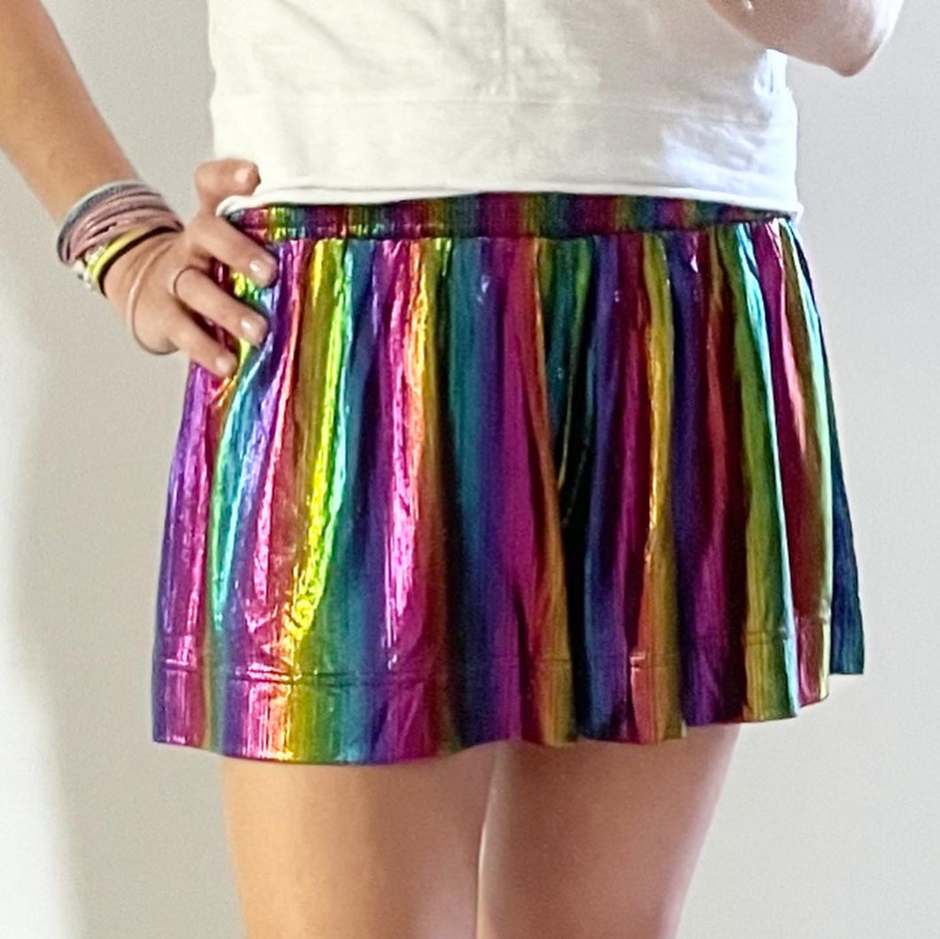 Multicolored Holographic Smocked Waist Shorts
