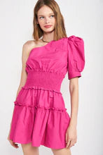 Load image into Gallery viewer, Magenta One Shoulder Mini Dress
